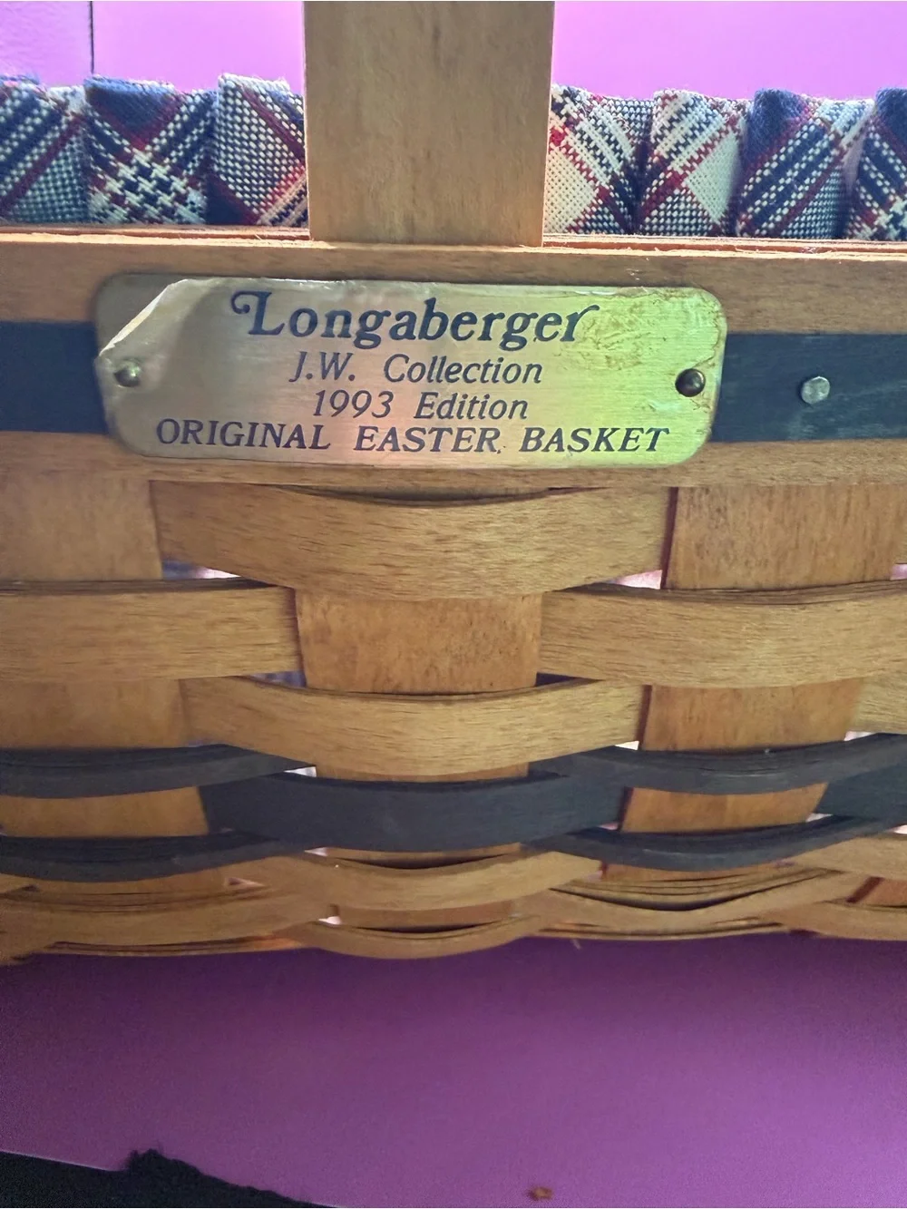 Longaberger J.W. Collection 1993  Easter Basket W/Liner & Protector